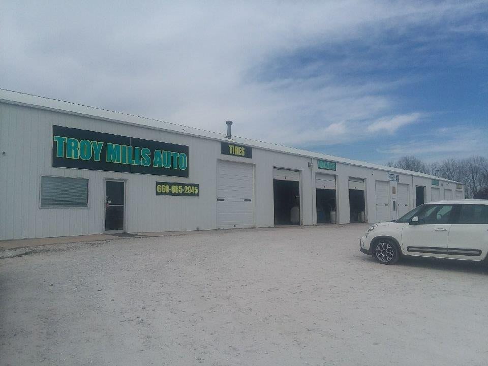 Front of the Troy Mills Auto repair shop